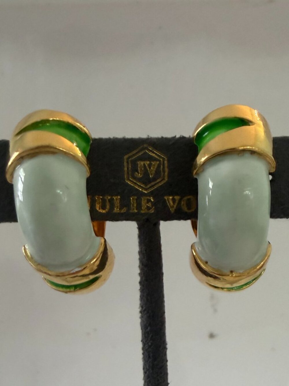 Vintage Demi Hoop Gold Tone with Blue and Green Enamel Clip on Earrings